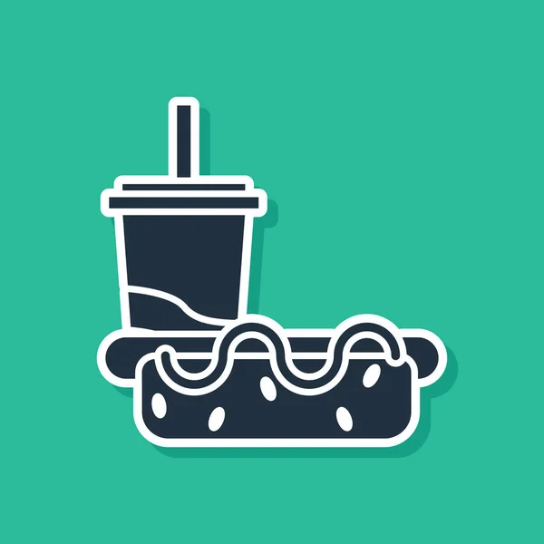 Vidrio de papel azul con paja para beber e icono de perrito caliente aislado sobre fondo verde. Signo de bebida de soda aqua. Hamburguesa, sándwich de hamburguesa con queso. Ilustración vectorial — Vector de stock