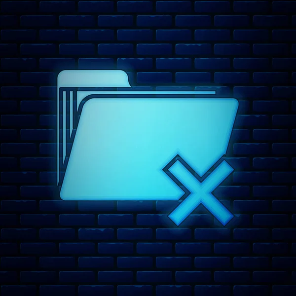 Glowing neon Delete folder icon isolated on brick wall background. Folder with recycle bin. Delete or error folder. Close computer information folder. Vector Illustration — Stock Vector