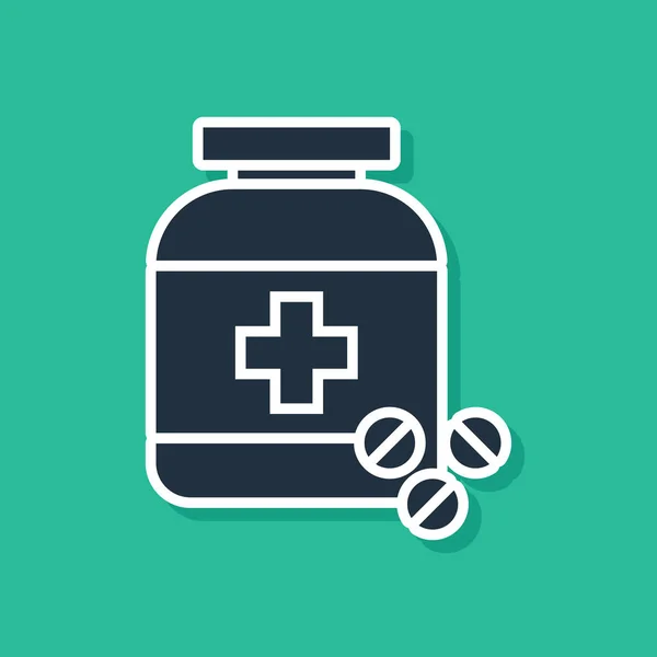蓝色药瓶和药片图标隔离在绿色背景上。瓶丸标志。药房设计。矢量插图 — 图库矢量图片
