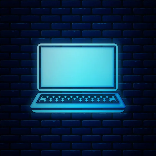 Parlayan neon dizüstü bilgisayar simgesi tuğla duvar arka planında izole edildi. Boş ekran işaretli bilgisayar defteri. Vektör İllüstrasyonu — Stok Vektör
