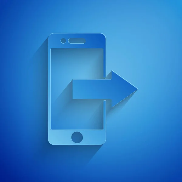 Бумага вырезать смартфон, значок мобильного телефона изолирован на синем фоне. Бумажный стиль. Векторная миграция — стоковый вектор