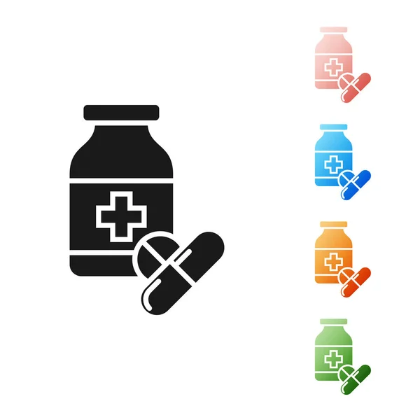 黑色药瓶和药片图标隔离在白色背景。瓶丸标志。药房设计。设置图标丰富多彩。矢量插图 — 图库矢量图片