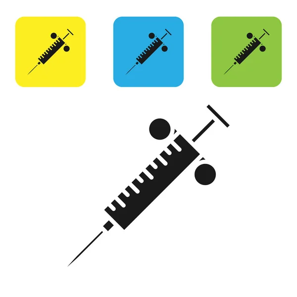 Ikona černé stříkačky je izolovaná na bílém pozadí. Stříkačka na vakcínu, očkování, injekci, chřipku. Lékařské vybavení. Nastavení ikon barevných čtvercových tlačítek. Vektorová ilustrace — Stockový vektor