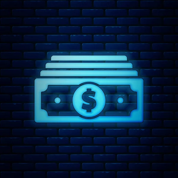 Brilhante neon Pilhas de papel dinheiro ícone de dinheiro isolado no fundo da parede de tijolo. Dinheiro empilha notas. Moeda de conta. Ilustração vetorial — Vetor de Stock