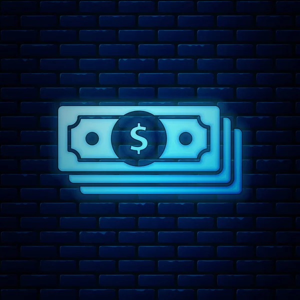 Glowing neon Stacks paper money cash icon isolated on brick wall background. Money banknotes stacks. Bill currency. Vector Illustration — Stock Vector