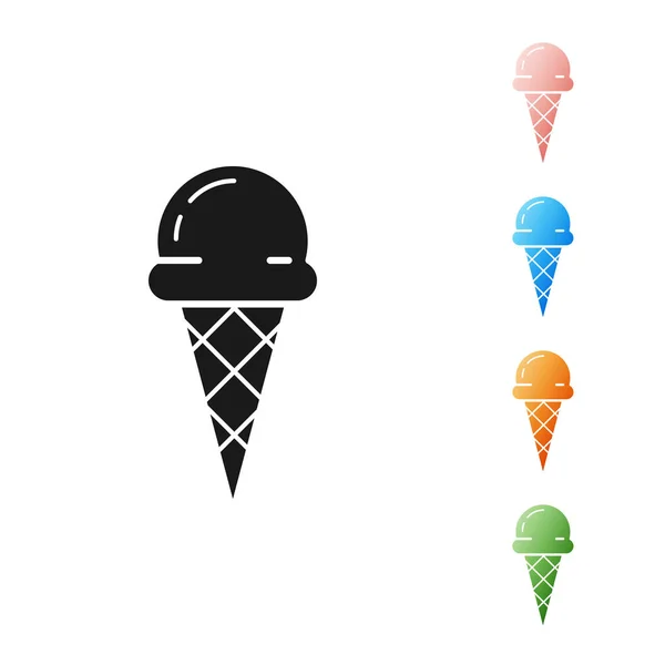 Helado negro en icono de cono de gofre aislado sobre fondo blanco. Dulce símbolo. Establecer iconos de colores. Ilustración vectorial — Archivo Imágenes Vectoriales