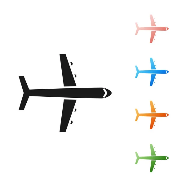 Ícone Black Plane isolado no fundo branco. Ícone de avião voador. Sinal de avião. Definir ícones coloridos. Ilustração vetorial — Vetor de Stock