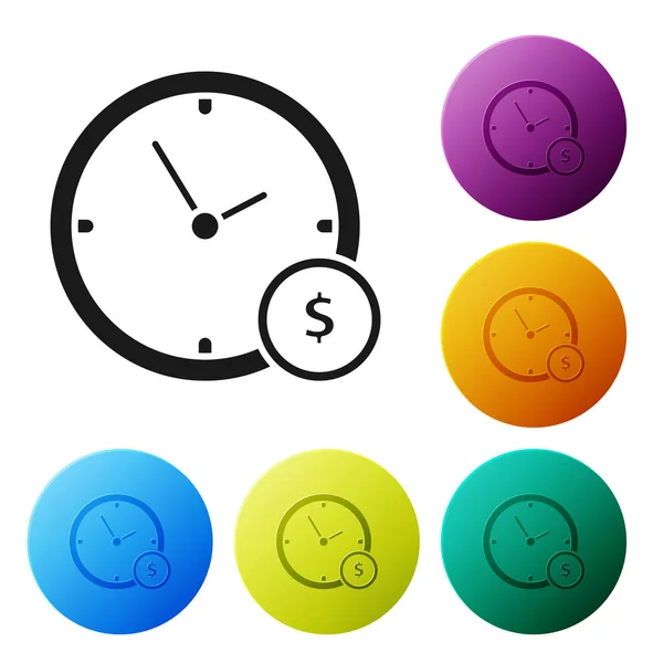 Black Time é um ícone de dinheiro isolado no fundo branco. Dinheiro é tempo. Gestão eficaz do tempo. Converta tempo em dinheiro. Definir ícones coloridos botões círculo. Ilustração vetorial —  Vetores de Stock