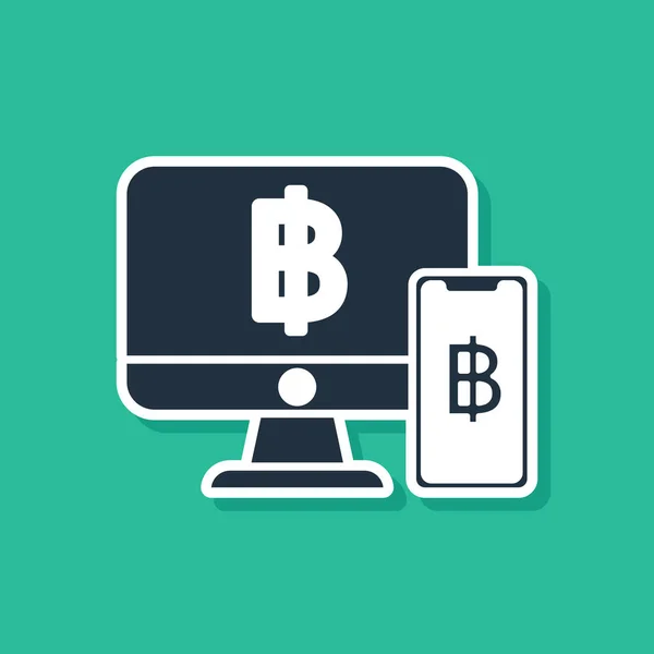 Niebieski monitor komputerowy z telefonem komórkowym i ikoną Bitcoin na zielonym tle. Koncepcja zakupów online. Zarobki w Internecie. Ilustracja wektorowa — Wektor stockowy
