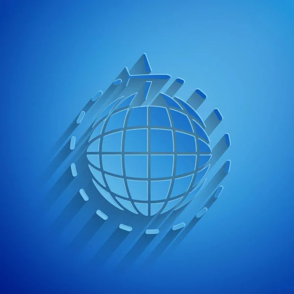Taglio di carta Globe con icona aereo volante isolato su sfondo blu. L'aereo vola intorno al pianeta terra. Icona del mondo aereo. Stile cartaceo. Illustrazione vettoriale — Vettoriale Stock