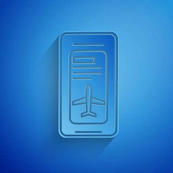 Smartphone de corte de papel con tarjeta de embarque electrónica icono de billete de avión aislado sobre fondo azul. Pasajero billete de avión móvil para web y aplicación. Estilo de arte de papel. Ilustración vectorial — Archivo Imágenes Vectoriales