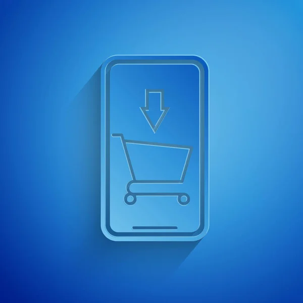 Corte de papel Icono de teléfono móvil y carrito de compras aislado sobre fondo azul. Símbolo de compra online. Símbolo de cesta de supermercado. Estilo de arte de papel. Ilustración vectorial — Archivo Imágenes Vectoriales