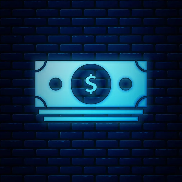 Glowing neon Stacks paper money cash icon isolated on brick wall background. Money banknotes stacks. Bill currency. Vector Illustration — Stock Vector