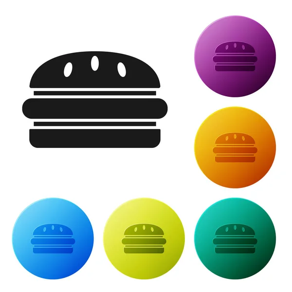 Черный Бургер значок изолирован на белом фоне. Икона гамбургера. Знак сэндвича с чизбургером. Меню быстрого питания. Настроить иконки красочные кнопки круга. Векторная миграция — стоковый вектор