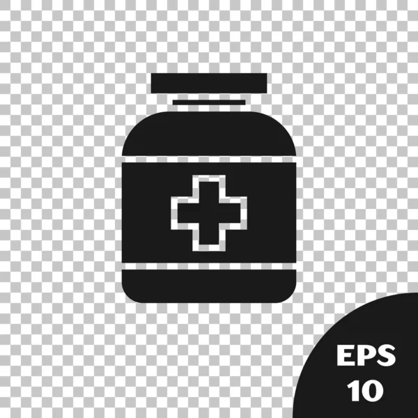 黑色药瓶图标隔离在透明的背景下.瓶装药丸标志。药房设计。病媒图解 — 图库矢量图片