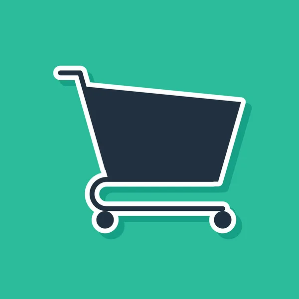Ikona s modrou nákupní košíkem izolovaná na zeleném pozadí. Koncepce nákupu online. Značka služby doručování. Symbol koše v supermarketu. Vektorová ilustrace — Stockový vektor