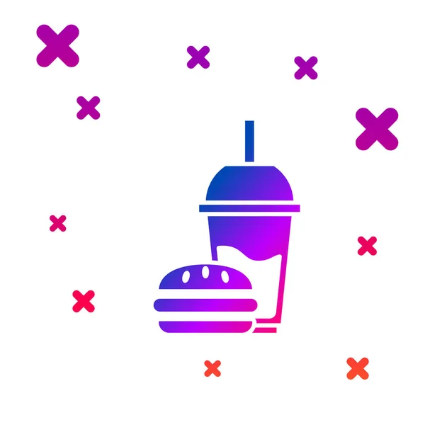 Color Vidrio de papel con paja para beber e icono de hamburguesa aislado sobre fondo blanco. Signo de bebida de soda aqua. Hamburguesa, sándwich de hamburguesa con queso. Gradiente formas dinámicas aleatorias. Ilustración vectorial — Vector de stock