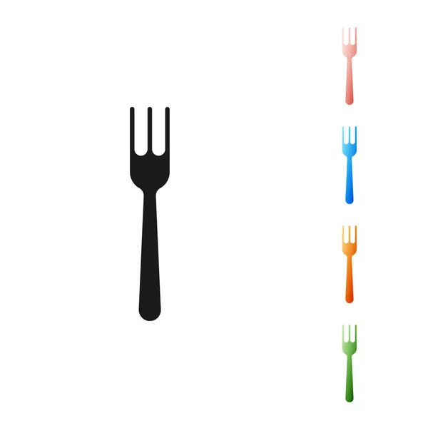 Icono de tenedor negro aislado sobre fondo blanco. Símbolo de cubertería. Establecer iconos de colores. Ilustración vectorial — Vector de stock