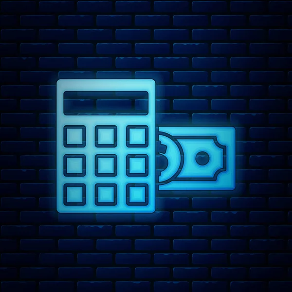 Calculatrice au néon lumineux avec icône symbole dollar isolé sur fond de mur de briques. Concept d'économie. Symbole comptable. Illustration vectorielle — Image vectorielle