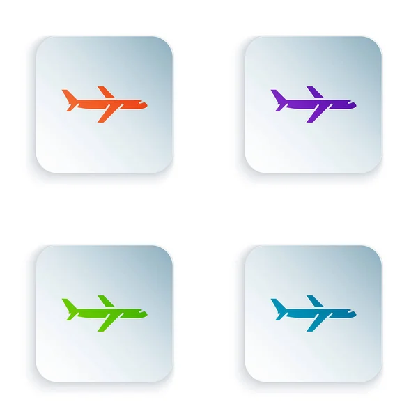 Beyaz arka planda izole renkli düzlem simgesi. Uçan uçak simgesi. Airliner işareti. Renkli kare düğmeleri simgeleri ayarlayın. Vektör Illustration — Stok Vektör