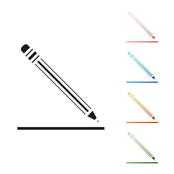 Schwarzer Bleistift mit Radiergummi und Liniensymbol auf weißem Hintergrund. Bildungszeichen. Zeichen- und Lehrwerkzeuge. Schulamtssymbol. setzen Symbole bunt. Vektorillustration — Stockvektor