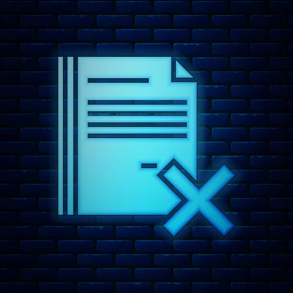 Glowing neon Delete file document icon isolated on brick wall background. Rejected document icon. Cross on paper. Vector Illustration — Stock Vector