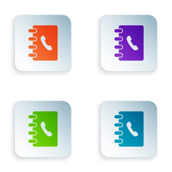 Εικονίδιο βιβλίου διευθύνσεων χρωμάτων απομονώνεται σε λευκό φόντο. Σημειωματάριο, διεύθυνση, επαφή, κατάλογος, τηλέφωνο, εικονίδιο τηλεφωνικού βιβλίου. Ορίστε εικονίδια σε πολύχρωμα τετράγωνα κουμπιά. Απεικόνιση διανυσματικών φορέων — Διανυσματικό Αρχείο