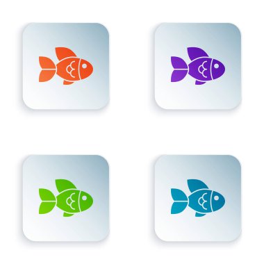 Beyaz arka planda yalıtılmış Renkli Balık simgesi. Simgeleri renkli kare düğmelere ayarlayın. Vektör İllüstrasyonu