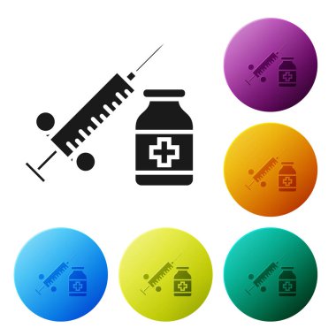 Siyah tıbbi şırınga ile iğne ve şişe veya ampul simgesi beyaz arka planda izole. Aşılama, enjeksiyon, aşı, insülin kavramı. Simgeler renkli daire düğmelerini ayarlayın. Vektör Illustration
