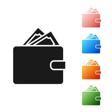 Siyah cüzdan ile yığınları kağıt para nakit simgesi beyaz arka planda izole. Cüzdan simgesi. Nakit tasarruf sembolü. Simgeler renkli ayarlayın. Vektör Illustration