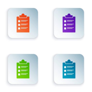 Beyaz arka planda yalıtılmış denetim listesi simgesine sahip Renk Panosu. Denetim listesi simgesi. Anket anketi veya anket geri bildirim formu. Simgeleri renkli kare düğmelere ayarlayın. Vektör İllüstrasyonu