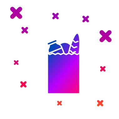 Beyaz arka planda izole renkli kağıt alışveriş çantası ve gıda simgesi. Yemek Dükkanı, süpermarket. Degrade rasgele dinamik şekiller. Vektör Illustration