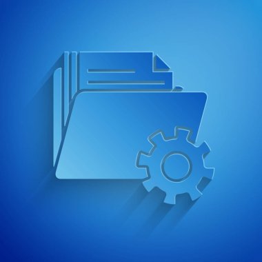 Kağıt kesilmiş klasör ayarları mavi arka planda izole dişli simgesi ile. Yazılım güncellemesi, Transfer Protokolü, takım çalışması aracı yönetimi. Kağıt sanatı tarzı. Vektör Illustration