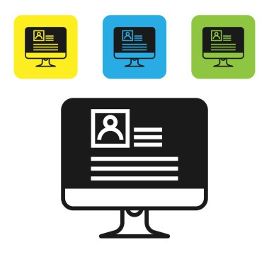 Beyaz arka planda izole devam simgesi ile siyah bilgisayar monitörü. CV uygulaması. Profesyonel personel aranıyor. Personel Analizi devam ediyor. Set simgeleri renkli kare düğmeler. Vektör Illustration