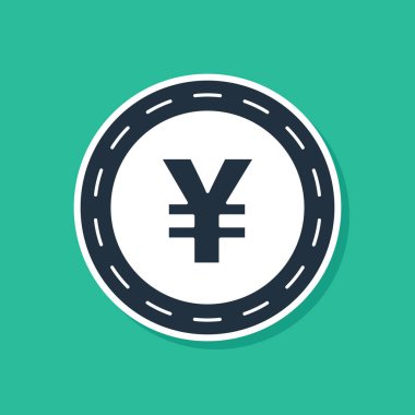 Yeşil arka planda izole yen sembol simgesi ile mavi sikke para. Bankacılık para birimi işareti. Nakit sembolü. Vektör Illustration