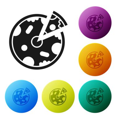 Siyah pizza simgesi beyaz arka planda izole. Fast Food menüsü. Simgeler renkli daire düğmelerini ayarlayın. Vektör Illustration