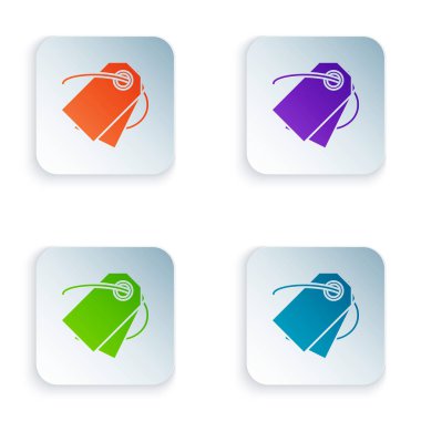 Beyaz arka planda yalıtılmış renk boş etiket şablonu fiyat etiketi simgesi. Boş alışveriş indirimi etiketi. Şablon iskonto başlığı. Renkli kare düğmeleri simgeleri ayarlayın. Vektör Illustration