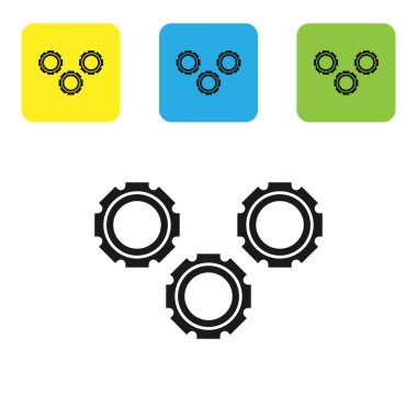 Beyaz arka planda izole siyah dişli simgesi. Çark dişli ayarları işareti. COG sembolü. Set simgeleri renkli kare düğmeler. Vektör Illustration