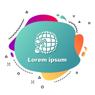 Beyaz arka planda izole uçan uçak simgesi ile Beyaz Küre. Uçak dünya gezegeninin etrafında uçar. Uçak dünya simgesi. Sıvı şekilli soyut afiş. Vektör İllüstrasyonu
