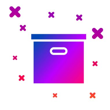 Beyaz arka planda izole renkli karton karton kutu simgesi. Kutu, paket, koli işareti. Teslimat ve paketleme. Ulaşım ve nakliye. Degrade rasgele dinamik şekiller. Vektör Illustration