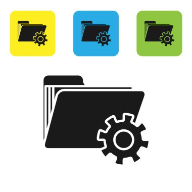 Beyaz arka planda izole dişli simgesi ile siyah klasör ayarları. Yazılım güncellemesi, Transfer Protokolü, takım çalışması aracı yönetimi. Set simgeleri renkli kare düğmeler. Vektör Illustration