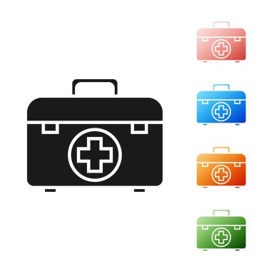 Siyah ilk yardım çantası simgesi beyaz arkaplanda izole edildi. Haçlı sağlık kutusu. Acil durumlar için tıbbi ekipman. Sağlık sigortası konsepti. Simgeleri renklendirin. Vektör İllüstrasyonu