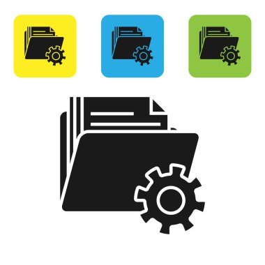 Beyaz arka planda izole dişli simgesi ile siyah klasör ayarları. Yazılım güncellemesi, Transfer Protokolü, takım çalışması aracı yönetimi. Set simgeleri renkli kare düğmeler. Vektör Illustration