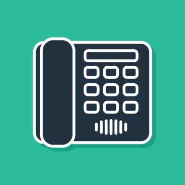 Mavi telefon simgesi yeşil arka planda yalıtılmış. Sabit telefon. Vektör Illustration