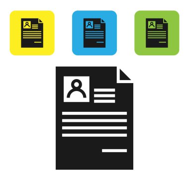 Siyah Resume simgesi beyaz arka planda yalıtılmış. CV uygulaması. Profesyonel personel aranıyor. Personel Analizi devam ediyor. Set simgeleri renkli kare düğmeler. Vektör Illustration