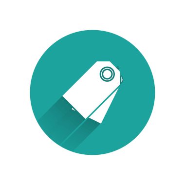 Beyaz boş etiket şablonu fiyat etiketi simgesi uzun gölge ile yalıtılmış. Boş alışveriş indirimi etiketi. Şablon iskonto başlığı. Yeşil daire düğmesi. Vektör Illustration