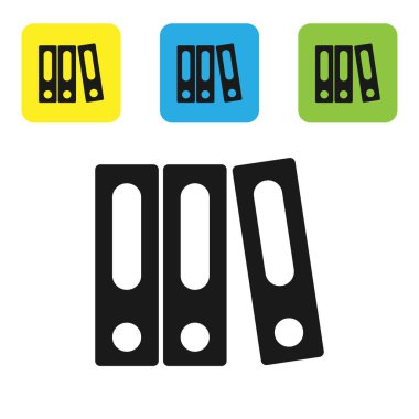 Beyaz arka planda yalıtılmış kağıtlar ve belgeler simgesi olan siyah ofis klasörleri. Ofis bağlayıcıları. Arşiv klasör işareti. Set simgeleri renkli kare düğmeler. Vektör Illustration