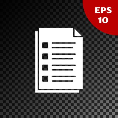 Beyaz dosya belge simgesi şeffaf koyu arka planda yalıtılmış. Kontrol listesi simgesi. İş konsepti. Vektör Illustration