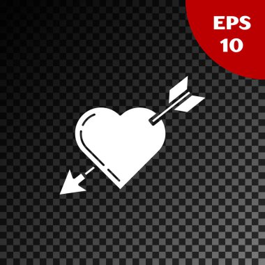 Beyaz Amour sembolü, şeffaf koyu arka planda izole edilmiş kalp ve ok simgesiyle. Aşk tabelası. Sevgililer sembolü. Vektör Illustration