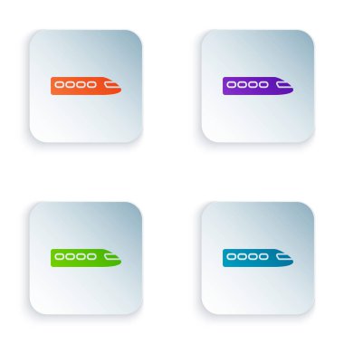 Beyaz arka planda izole renkli tren simgesi. Toplu taşıma sembolü. Metro treni taşımacılığı. Metro metrosu. Renkli kare düğmeleri simgeleri ayarlayın. Vektör Illustration